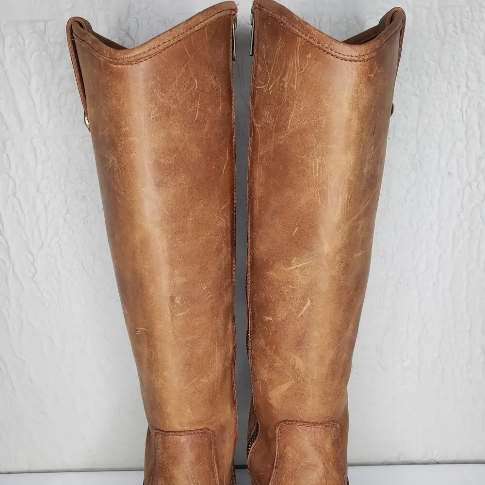 Frye Melissa Size 7B Button Inside Zip Tall Leather Boots Cognac Distressed